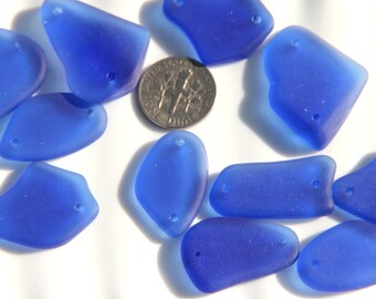 2 Hole Free Form Flat Connector Pendant Beads, Royal Blue w/Frosted Matte Sea Glass Finish, Size 13-20x24-26mm, 6 Pieces