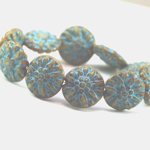 Dahlia Flower Coin Beads, 14mm, Honey w/ Turquoise Wash and Picasso Finish, Czech Beads, Accent Beads, Spacers, Side Drilled Beads, 10 Pcs
