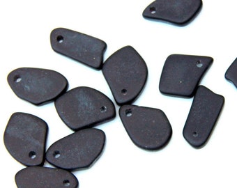 Flat Free Formed MINI Pendant Beads, Jet Black With Frosted Matte Sea Glass Finish, About 15-10mm, 6 Pieces