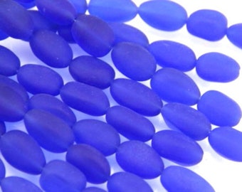 Oval Nugget Beads, Large 12x20mm, Royal Blue With Frosted Matte Sea Glass Finish, Pendant Beads, Glass Beads, 6 Pieces