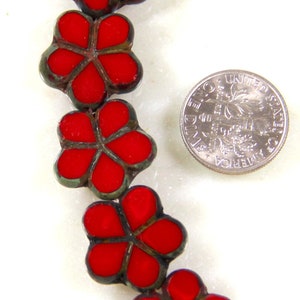 Flower Beads, Red With Travertine Finish, Table Cut Czech Glass Beads, 17mm. Beads, 202