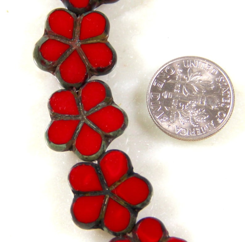 17mm Red With Travertine Finish 0066 Beads Table Cut Czech Glass Beads Flower Beads