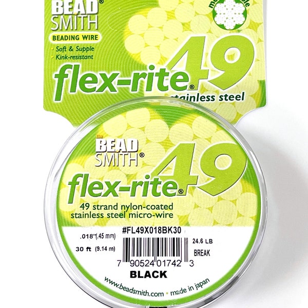 Flex-rite Beading Wire, 49, BLACK, .018" 30 ft. Premium Quality Stainless Steel Beading Wire,  From Bead Smith