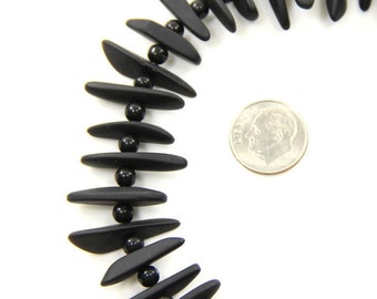 Fish Bone Beads, 4-6x20x30, Jet Black, Centered drilled, Frosted Matte Sea Glass Style Finish, 20 pcs