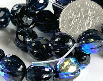 Faceted 10mm. Melon Beads, Black w/AB Finish and Metallic Pink Wash, Lovely Focal Beads, Czech Beads, 12 Pieces