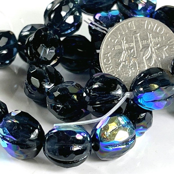 Faceted 10mm. Melon Beads, Black w/AB Finish and Metallic Pink Wash, Lovely Focal Beads, Czech Beads, 12 Pieces