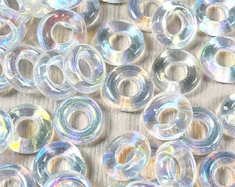 Donut Ring Beads, 9mm w/4mm Hole,  Crystal White w/Shiny Glass AB Finish, Large Hole Beads, Czech Beads,  20 Beads