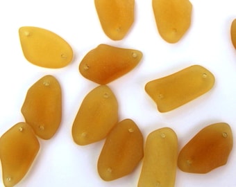 2 Hole Free Form Flat Connector Pendant Beads Desert Gold Yellow w/Frosted Matte Sea Glass Finish, Size 13-20x24-26mm, 6 Pieces