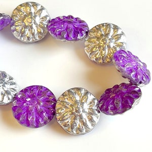 Dahlia Flower Coin Beads, 14mm, Transparent Glass w/Purple Wash and Silver Finish, Czech Beads, Accent Beads, Side Drilled Beads, 10 Pieces