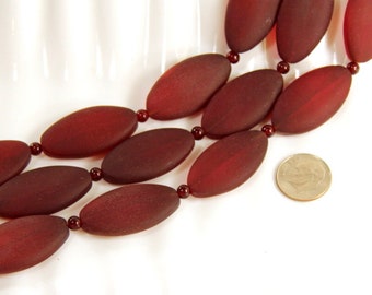 Large Oval Puffed Beads, 35x18mm, Cherry Red, Frosted Matte Sea Glass Finish, 6 Pieces