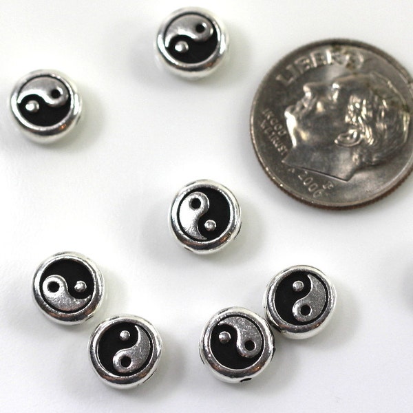 Perles Yin Yang, fonte tierra, 8 mm, espaceurs argentés, étain plaqué argent vieilli sans plomb, perles en métal