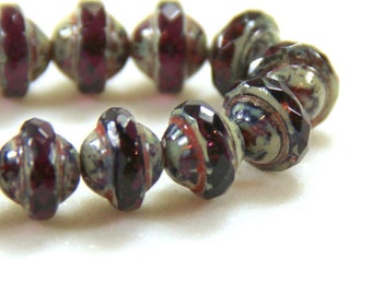 Saturn Rondelle Beads, Czech Glass, 10 x 8 mm Dark Amethyst w/Picasso Fiinish 10x8mm Sauturn Beads, Czech Beads, 15 Pieces