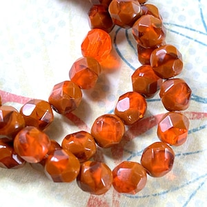 Faceted 6 mm.  Round Czech Beads, Transparent Orange And Opaque Orange Alloy /w Gloss Finish, 25 Pieces