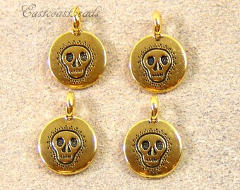 TierraCast Gold Skull Charm, TierraCast Charms, Skull Disk Charm, Skull Disk Drops, Antique Gold Plated Lead Free Pewter, 4 Pieces