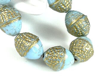 Fancy 12mm. Acorn Beads, Opaque SkyBlue w/Metallic Gold Wash, 8 beads