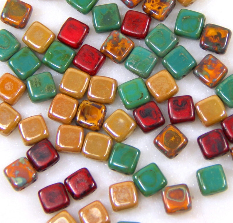 60 2 Hole Square Tile Beads 6 mm Glass Tile Beads Assorted Etsy