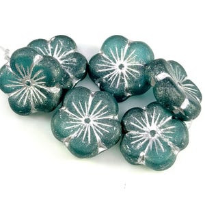 Large 21mm Hibiscus Flower Beads, Focal Bead, Teal Blue w/Matte Finish, Czech Table Cut Glass Beads, 21mm.,  2 Beads