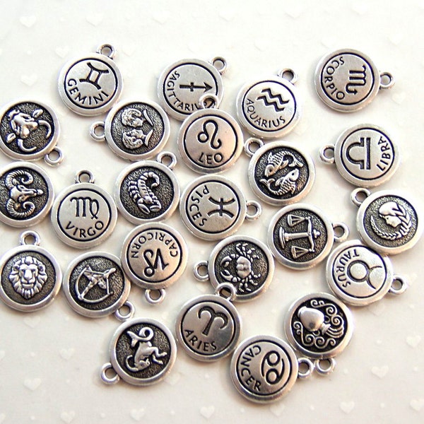 TierraCast Zodiac Sign Charms, Double Sided Charms, Zodiac Symbol Charms,You Pick Your Sign, Fine Silver Plated Lead Free Pewter