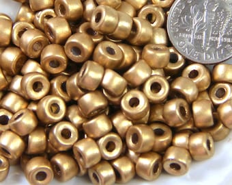 Pony Beads, 6mm w/2mm Hole, Gold w/Matte Finish, Czech Glass Beads, Large Hole Beads, Accent Beads, 28