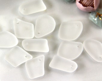 Flat Free Formed MINI Pendant Beads, Crystal White With Frosted Matte Sea Glass Finish,  About 15-10mm, 6 Pieces