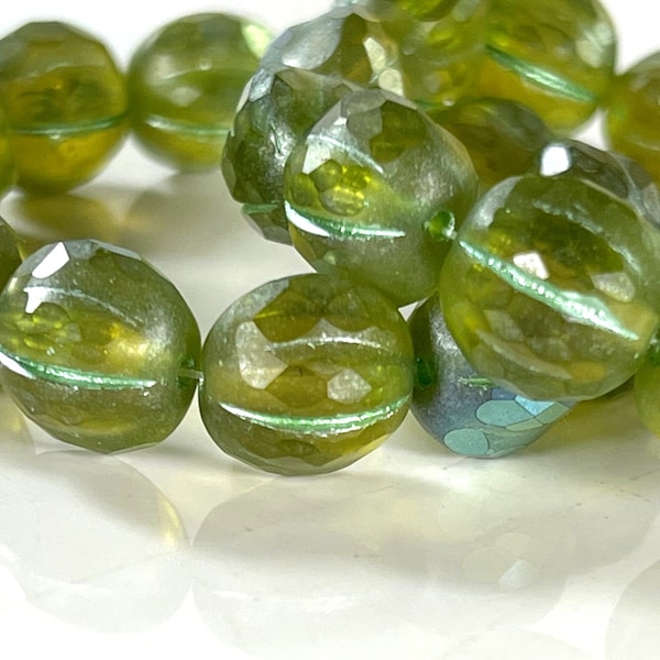 Faceted 10mm. Melon Beads, Peridot w/AB  Finish, Lovely Focal Beads, Czech Beads, 12 Pieces