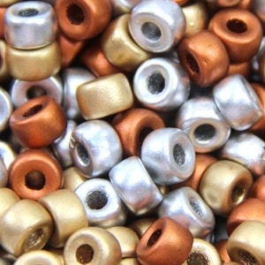 Pony Beads , 9mm w/3.5mm Hole, Matte Metal Mix, Gold, Silver & Copper, Roller Beads, Czech Glass Beads, Large Hole Beads, Accent Beads