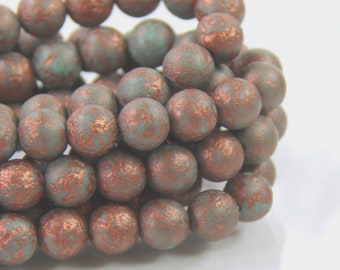 8mm. Round Glass Druk Beads, Turquoise Green With Copper Lava Etched Finish,  Czech Glass Beads, 20 Pieces