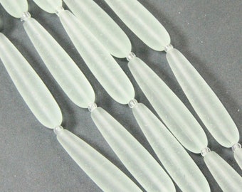 Long Teardrop Glass Beads, 38x9mm., Coke Green, Aqua, Frosted Matte Sea Glass Finish, 5 Pieces