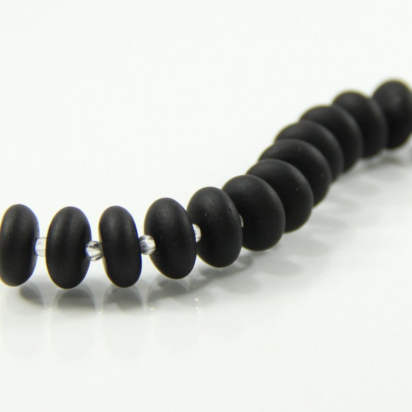 Rondelle Beads, 12x4mm, Jet Black With Frosted Matte Finish, Cultured Sea Glass, 14 beads Per Strand