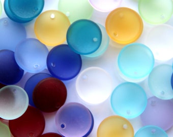 ConCave Coin Pendant Beads, w/Frosted Matte Sea Glass Finish, 18mm, YOU PICK COLOR, 2 Pieces