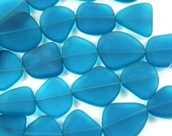 Large Freeform Flat Beads, Teal, Sea Glass Beads, Large Size 22x25mm.,Translucent, Frosted Matte Finish, 5 Pieces