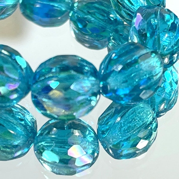Faceted 10mm. Melon Beads, Transparent Turquoise Glass w/AB  Finish, Lovely Focal Beads, Czech Beads, 12 Pieces