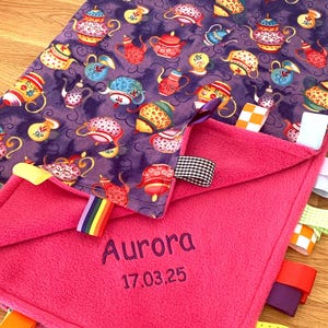 Personalised  Standard Cot/Large Pram Taggy Blanket/Comforter/Gift in Teapot Themed Cotton