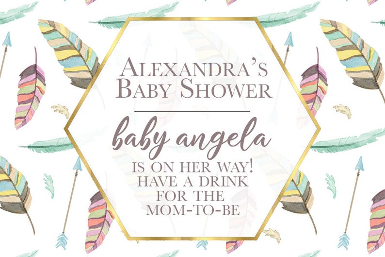 Baby Sprinkle Feather Design Baby Shower Favor Set labels Waterproof Labels Boho Baby Shower Mini Champagne or Mini Wine Labels