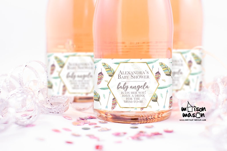 Baby Sprinkle Feather Design Baby Shower Favor Set labels Waterproof Labels Boho Baby Shower Mini Champagne or Mini Wine Labels