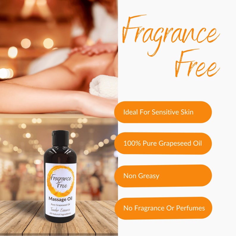 May include: A brown glass bottle of fragrance-free massage oil with a white label that says "Fragrance Free Massage Oil Pure Grapeseed Oil Tender Essence All Natural Ingredients". The bottle is sitting on a wooden surface. The image also includes text that says "Fragrance Free", "Ideal For Sensitive Skin", "100% Pure Grapeseed Oil", "Non Greasy", and "No Fragrance Or Perfumes".