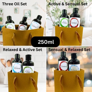 May include: Four brown paper bags with handles, each containing three glass bottles of essential oil. The bottles are labeled "Active", "Sensual", and "Relaxed". The bags are labeled with different combinations of the three scents: "Three Oil Set", "Active & Sensual Set", "Relaxed & Active Set", and "Sensual & Relaxed Set". Each bottle is 250 ml.