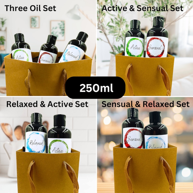 May include: Four brown paper bags with handles, each containing three glass bottles of essential oil. The bottles are labeled "Active", "Sensual", and "Relaxed". The bags are labeled with different combinations of the three scents: "Three Oil Set", "Active & Sensual Set", "Relaxed & Active Set", and "Sensual & Relaxed Set". Each bottle is 250 ml.