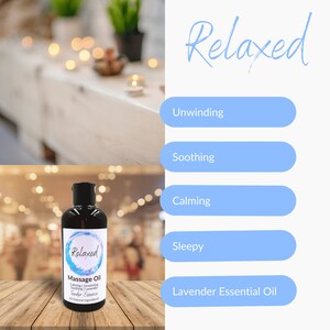 May include: A black bottle of massage oil with a white label that says "Relaxed Massage Oil" and "Calming | Unwinding | Soothing | Lavender Tender Essence". All natural ingredients.
