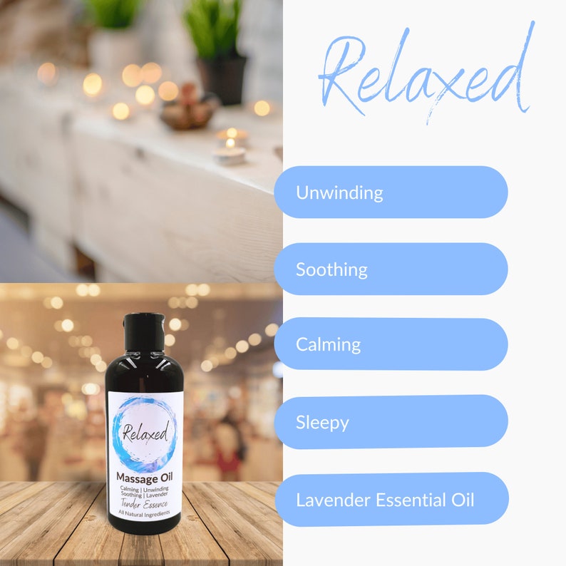 May include: A black bottle of massage oil with a white label that says "Relaxed Massage Oil" and "Calming | Unwinding | Soothing | Lavender Tender Essence". All natural ingredients.