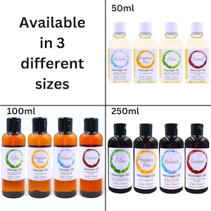 May include: Four amber glass bottles of massage oil in three sizes: 50ml, 100ml, and 250ml. Each bottle has a black cap and a white label with the words "Massage Oil" and a different scent: "Relaxed", "Fragrance Free", "Active", and "Sensual".