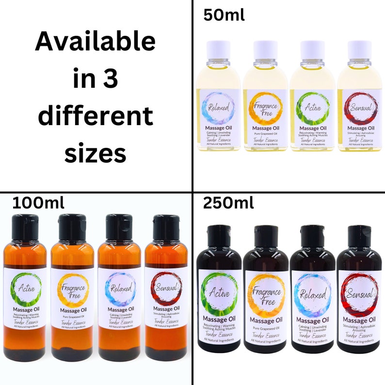 May include: Four amber glass bottles of massage oil in three sizes: 50ml, 100ml, and 250ml. Each bottle has a black cap and a white label with the words "Massage Oil" and a different scent: "Relaxed", "Fragrance Free", "Active", and "Sensual".