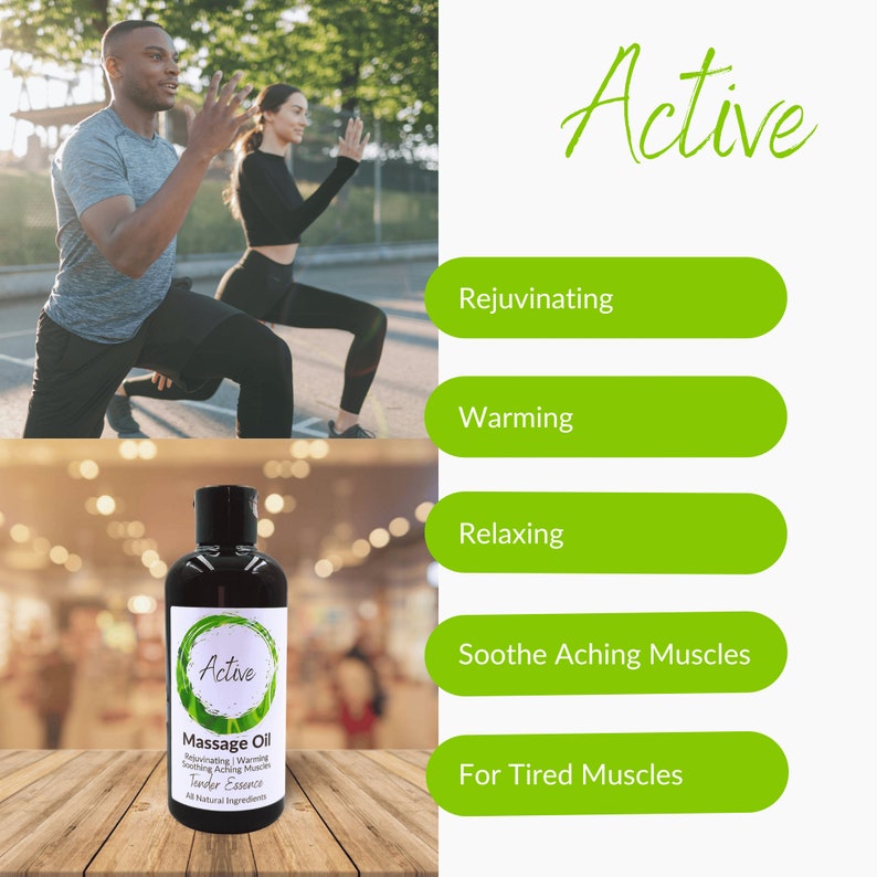 May include: A brown glass bottle of massage oil with a green label that says "Active Massage Oil" and lists the benefits as "Rejuvenating, Warming, Relaxing, Soothe Aching Muscles, For Tired Muscles". The bottle is sitting on a wooden surface.