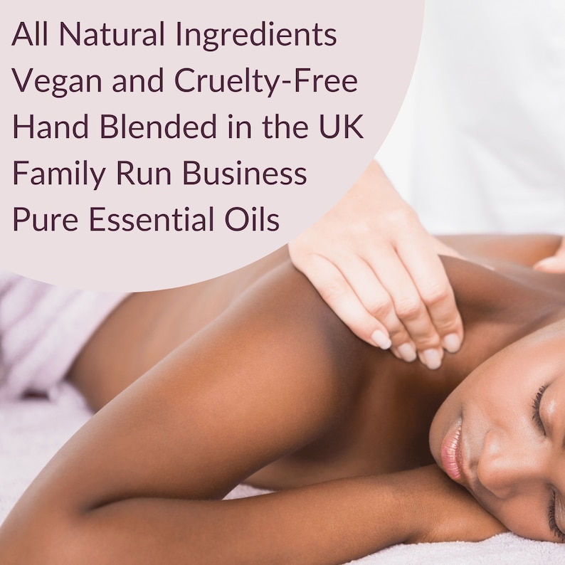 May include: A woman receiving a massage with essential oils. The text on the image reads: "All Natural Ingredients Vegan and Cruelty-Free Hand Blended in the UK Family Run Business Pure Essential Oils"
