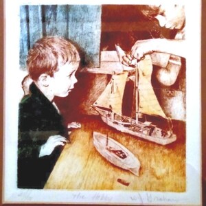 May include: A sepia-toned etching of two children playing with toy sailboats. The boy is looking at the boats with interest, while the girl is holding one of the boats in her hands. The etching is titled "The Hobby" and signed "W.J. Nathan".