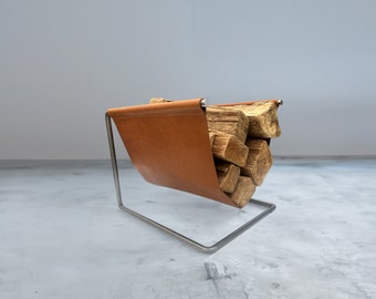 Firewood rack, Leather and steel indoor log holder, minimal and modern