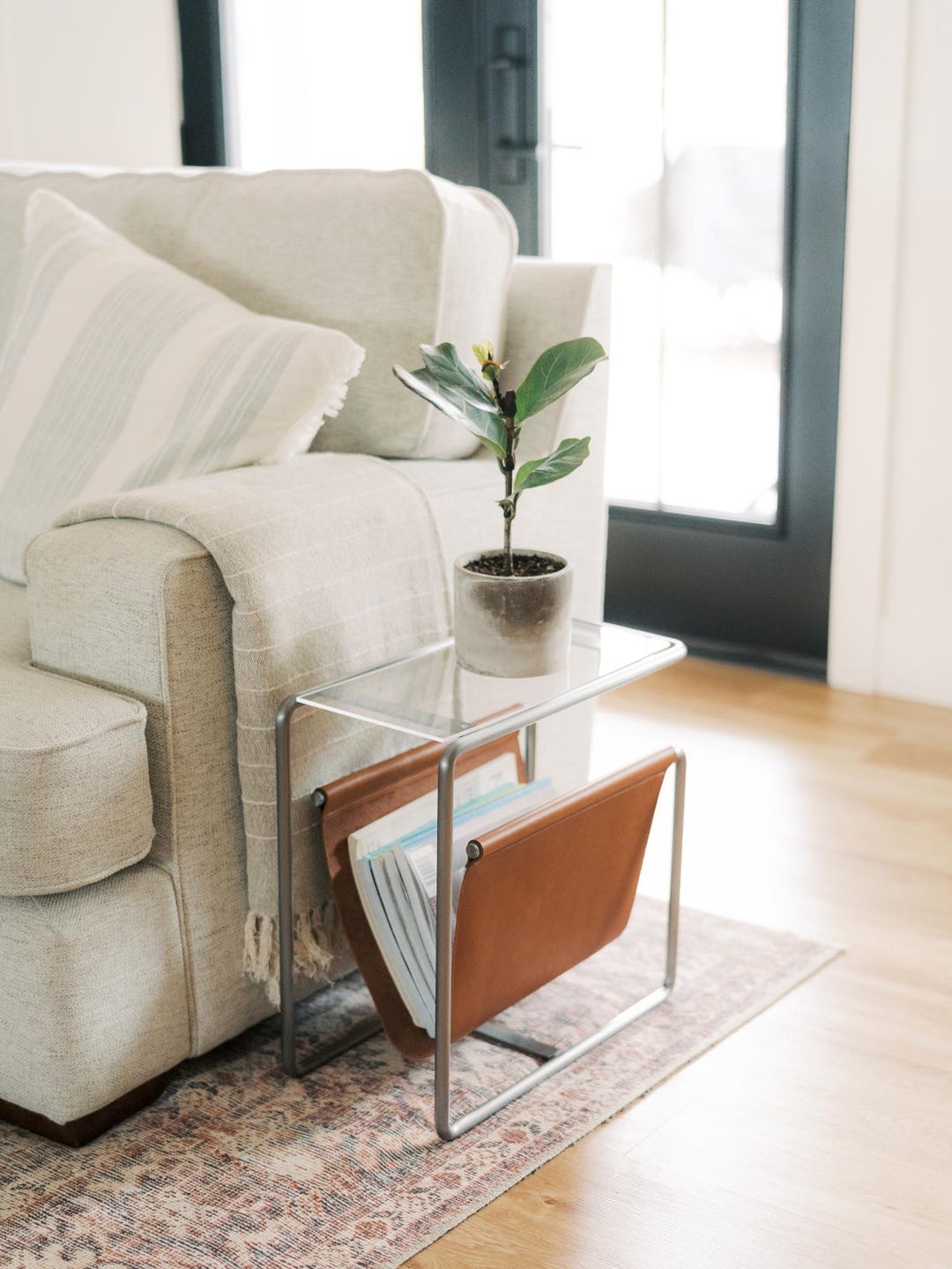 Modern Steel Leather Magazine Rack Side Table, Tempered Glass Top - Etsy