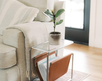 Modern Steel & Leather Magazine Rack Side Table with Tempered Glass Top | Minimalist End Table