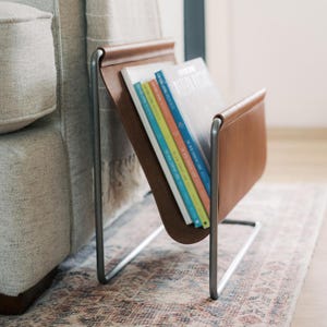 Leather Magazine Rack: Modern Steel Book and Laptop Holder