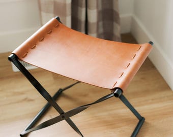 Handmade Full Grain Leather Folding Stool, Steel Frame Accent Ottoman